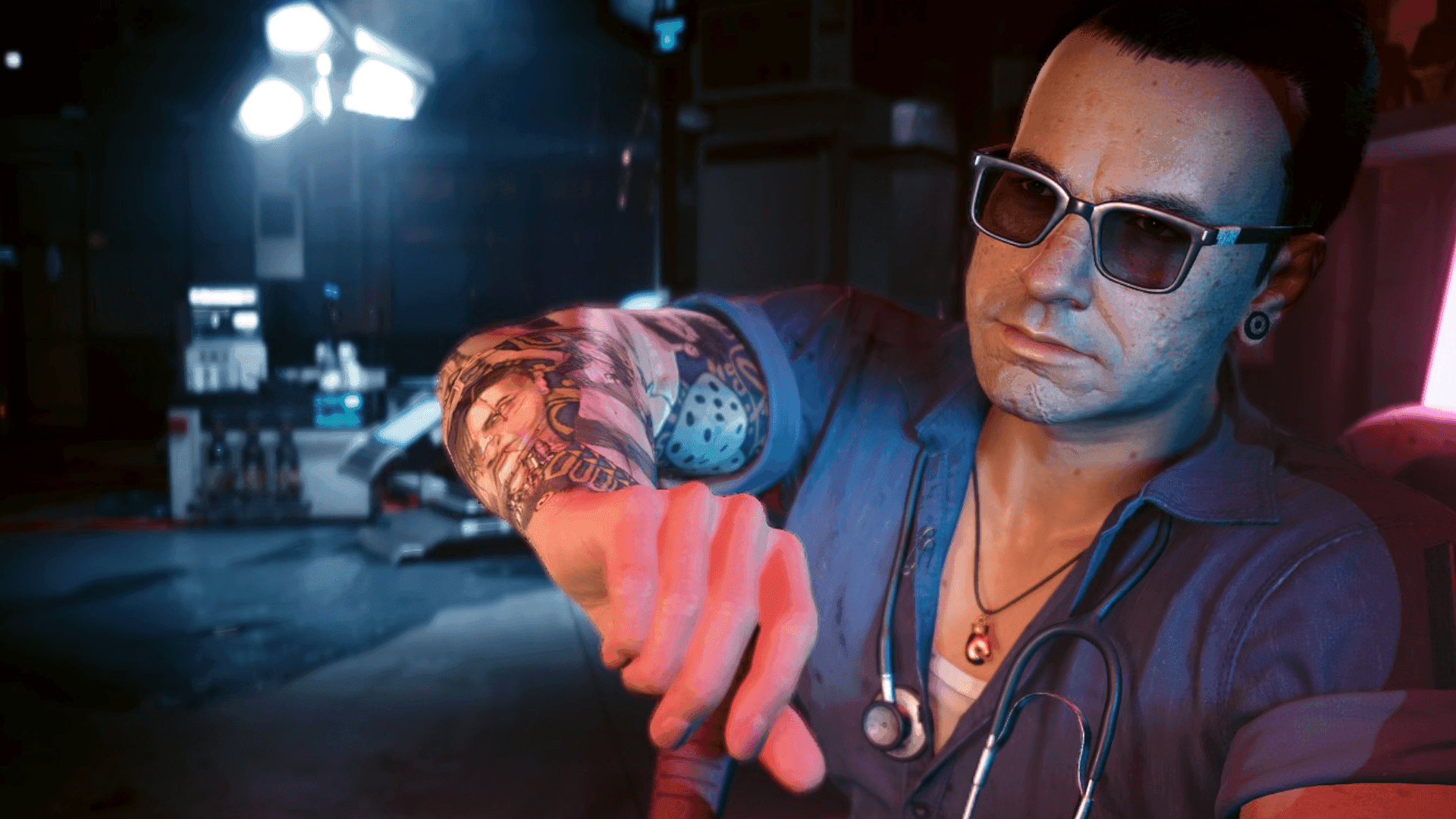 Viktor works in his neon-lit clinic while examining his cybernetic arm.