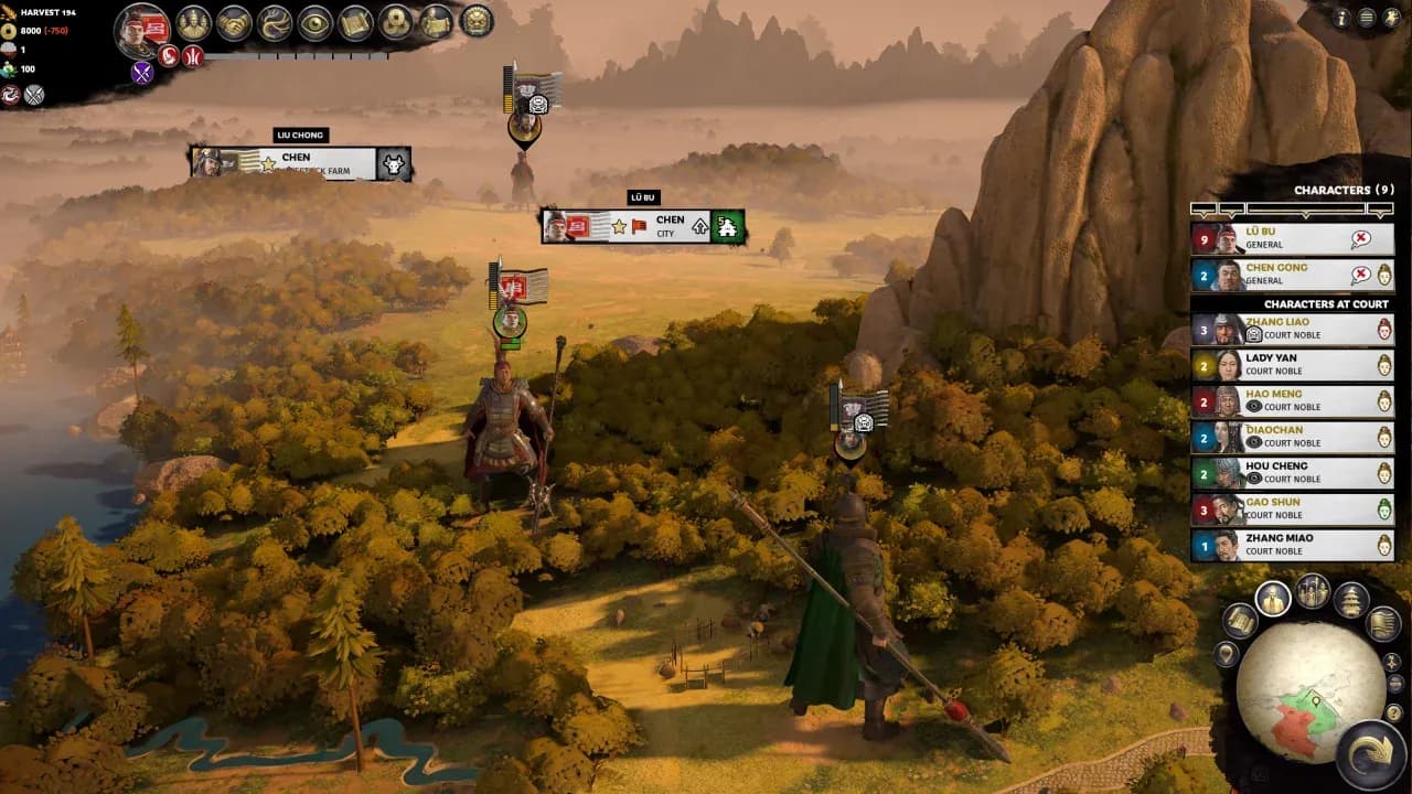 A military commander oversees troop deployment and supply levels on the War of the Three Kingdoms campaign map.