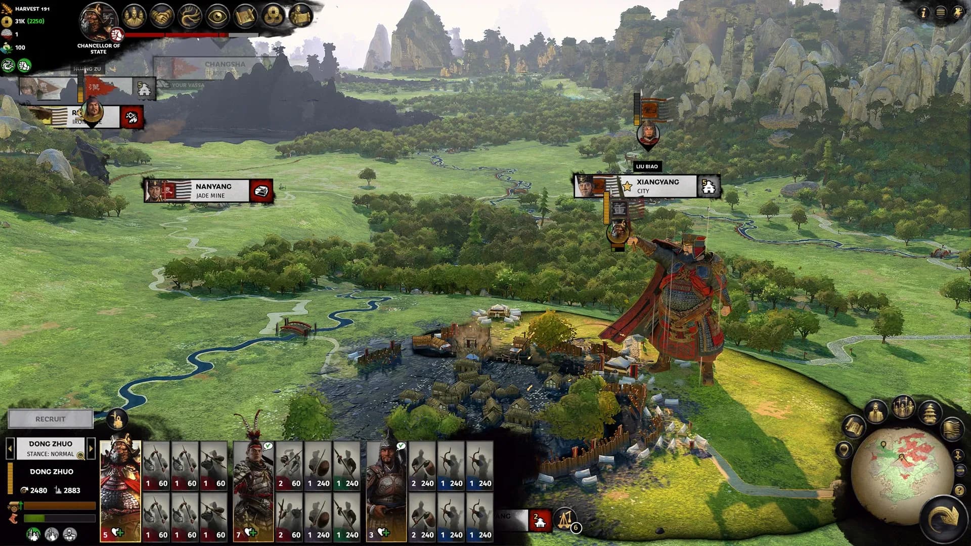 War of the Three Kingdoms campaign map interface showing strategic management of army attrition.