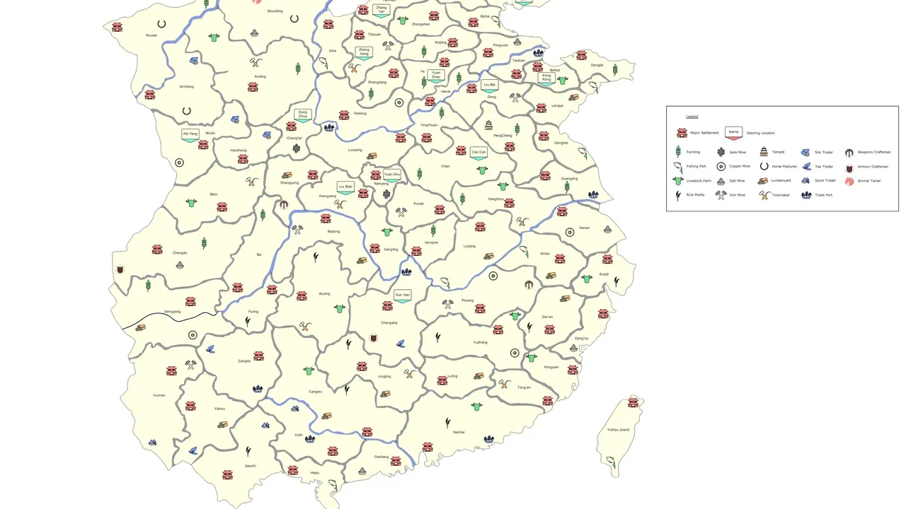 A detailed War of the Three Kingdoms campaign map showing faction territories and strategic resource locations.