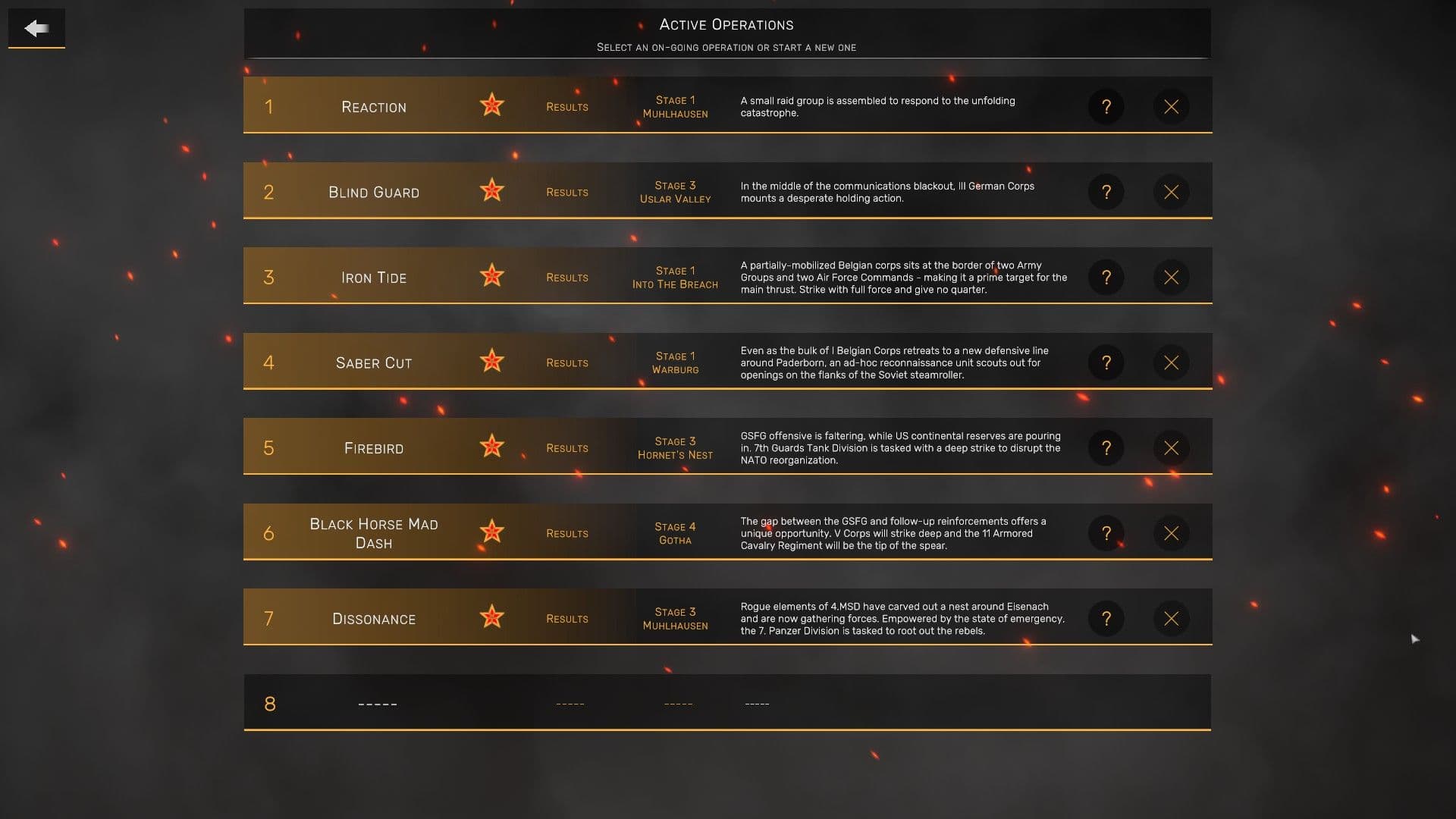 The strategic operations menu in War of the Three Kingdoms displays military objectives and unit types.