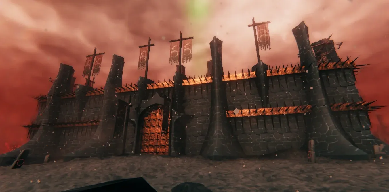 Charred Fortress rising from the Ashlands under a green beam