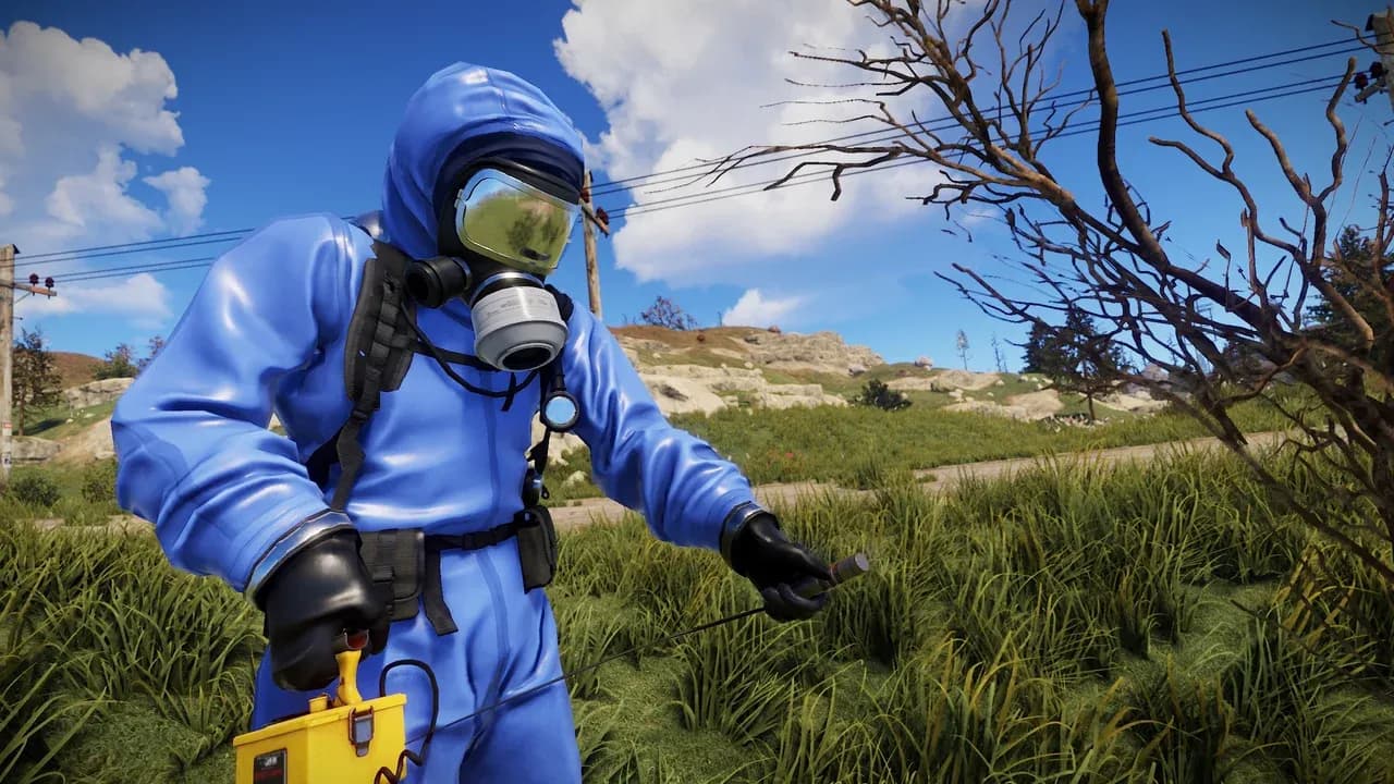 A Rust Scientist in a blue protective suit examines a roadside junkpile with a Geiger counter.