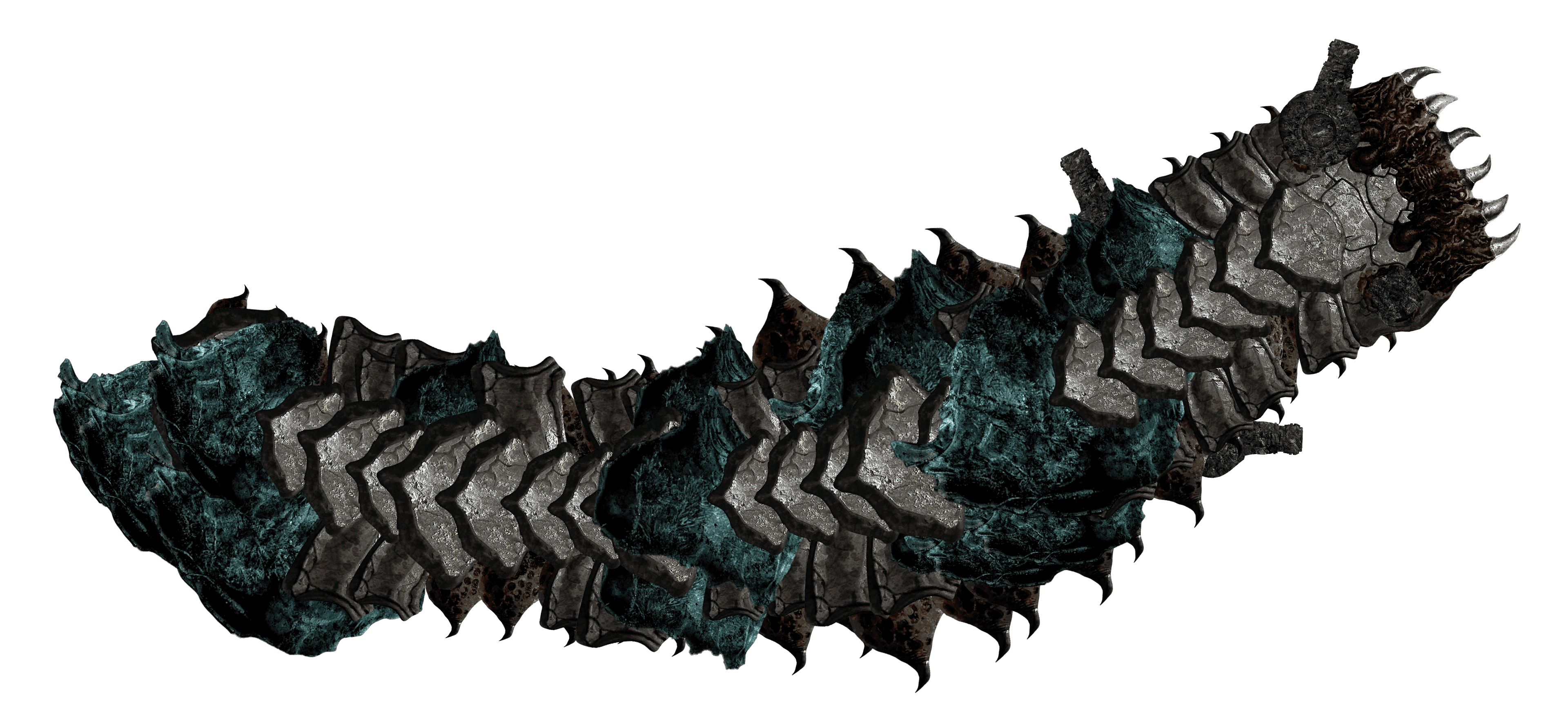 The Cyborg Worm in Barotrauma: a segmented Endworm body plated with alien materials, with alien turrets in place of its mandibles