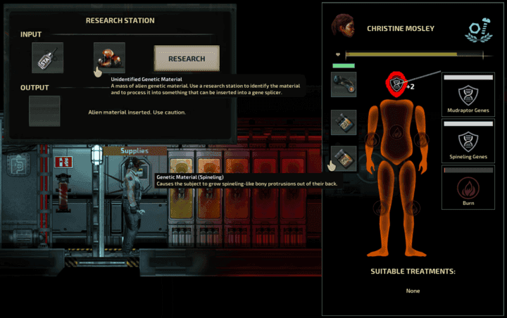 The Barotrauma Research Station interface showing unidentified genetic material beside a crew member’s gene-splicer health panel