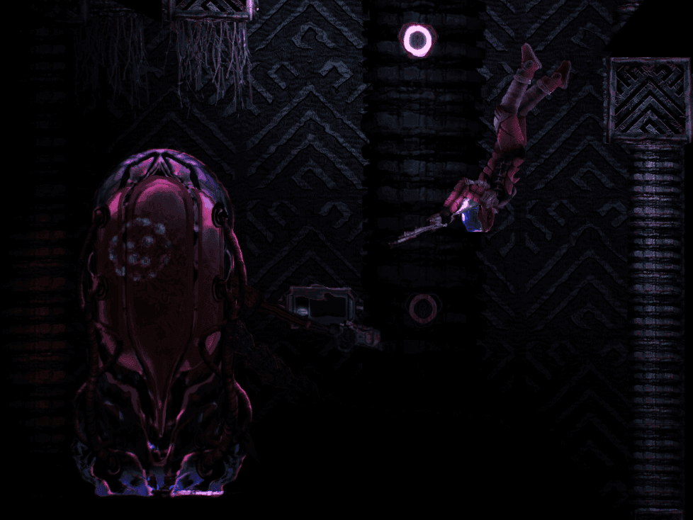 A Fractal Guardian healing inside a Guardian Pod in a Barotrauma alien ruin, with a diver watching from above