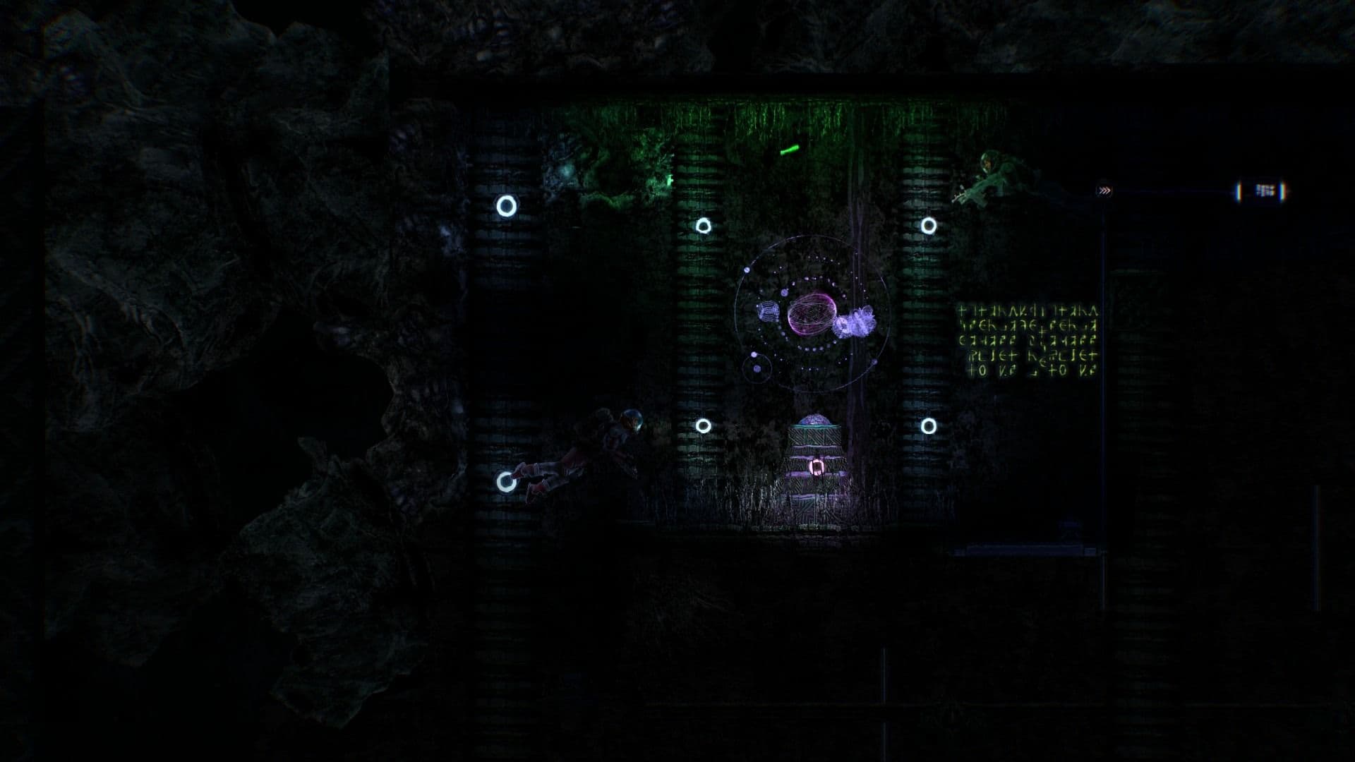 Interior of a Barotrauma alien ruin with a block of glowing green alien glyphs on the right-hand wall, a diver below and a Fractal Guardian above