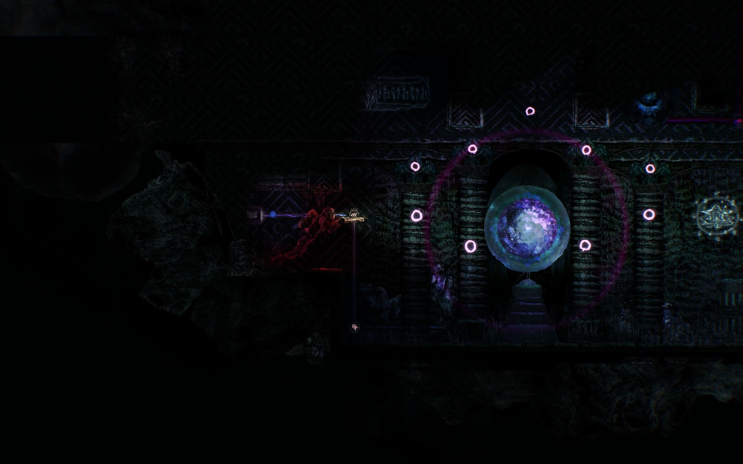 A carved alien ruin corridor in Barotrauma with chevron and lattice reliefs and a glowing Gravity Sphere dragging a diver toward it