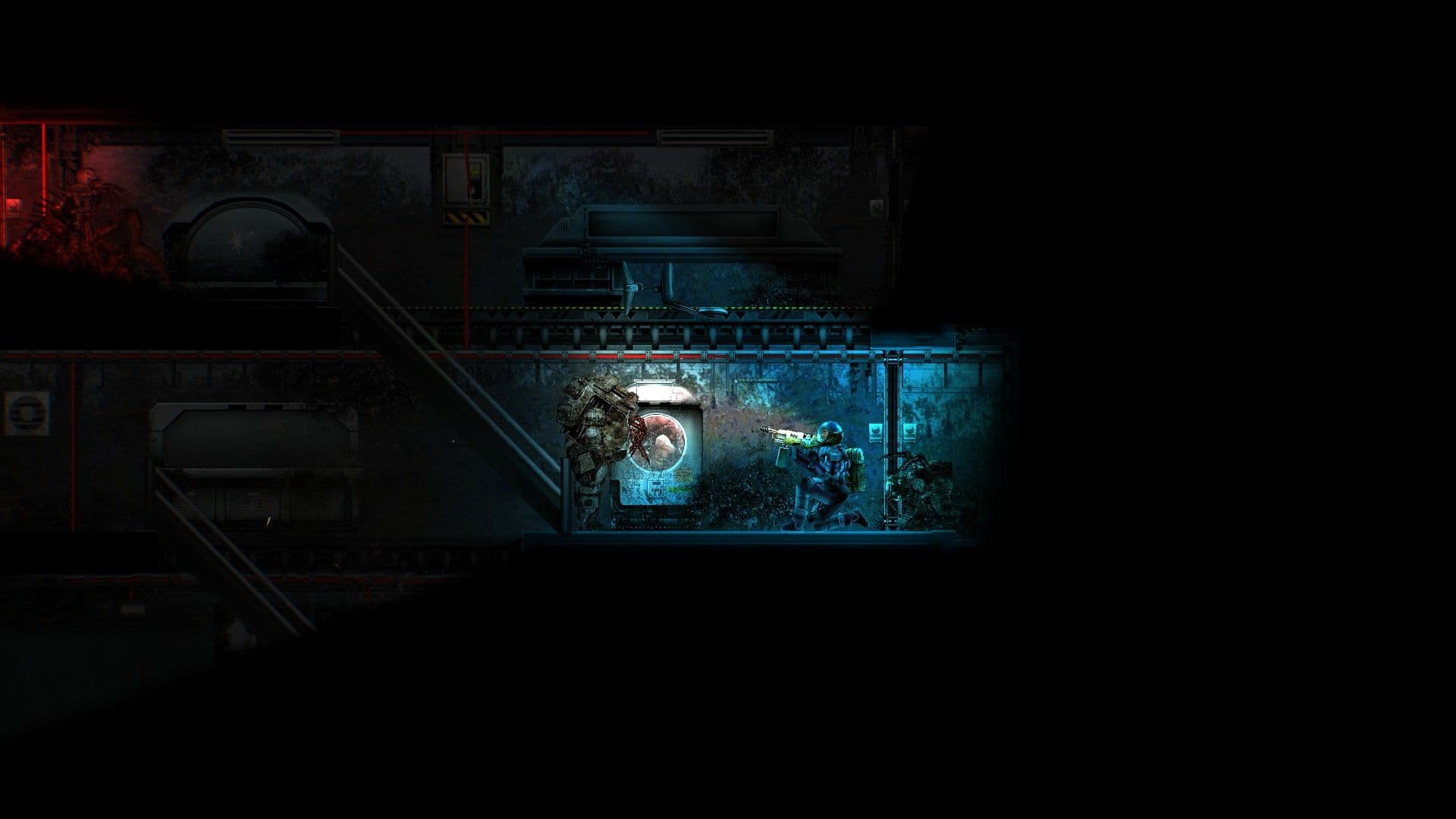 Husks advancing through the metal interior of a human submarine in Barotrauma under red emergency lighting while a crew member fires
