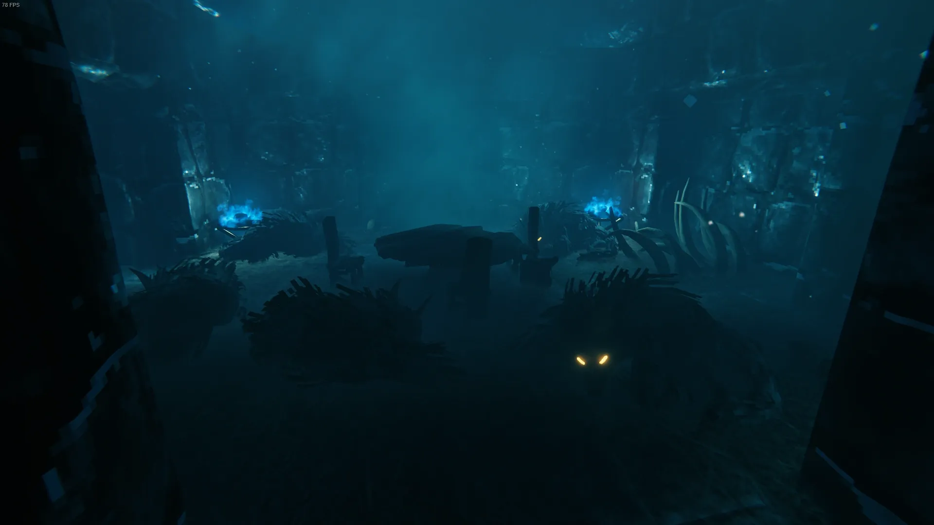 Ulvs waiting in a dark stone chamber inside Valheim's Howling Caverns