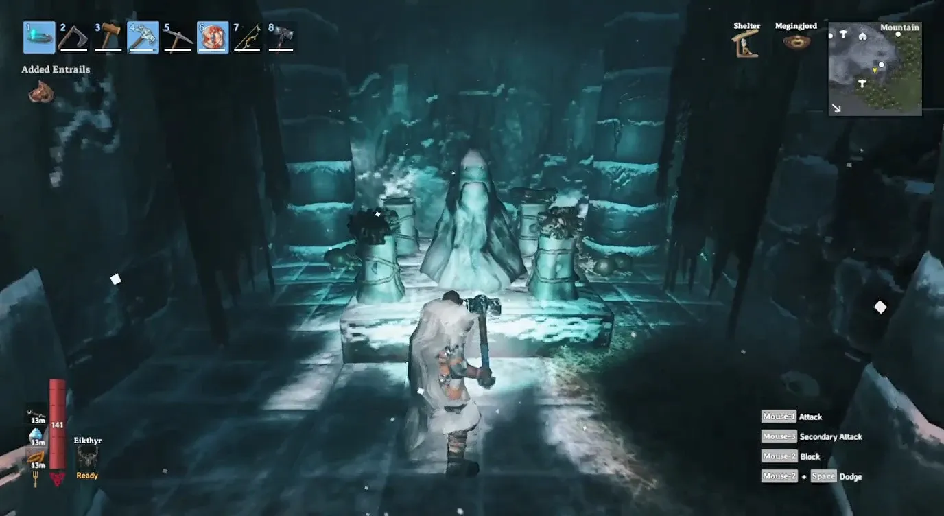 A cultist altar room built from worked stone deep inside a Valheim Frost Cave