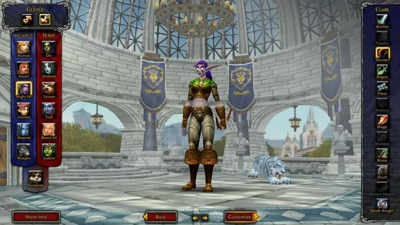 A Night Elf warrior and her white tiger companion in a grand hall within World of Warcraft.